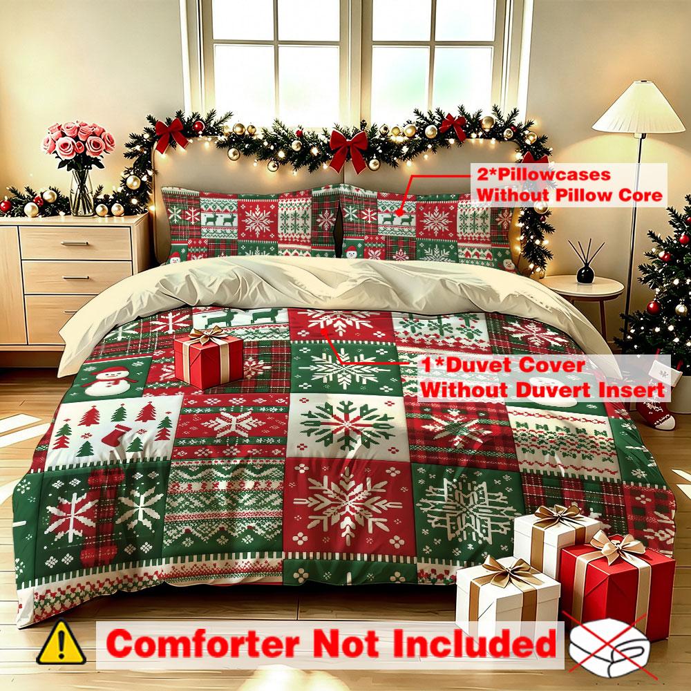 Christmas Duvet Cover Set 3Pcs Patchwork Plaid Snowflake Tree Reindeer Print Soft Microfiber Bedding with Pillowcases