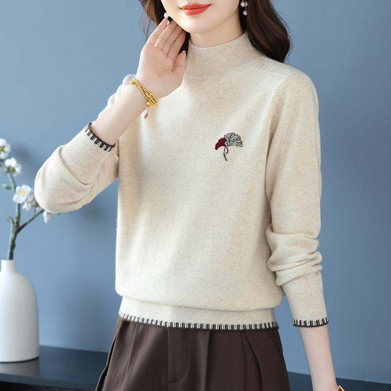 Women's Pure Wool Half-High Collar Knit Sweater - Stylish, Warm, Age-Reducing Pullover for Autumn and Winter