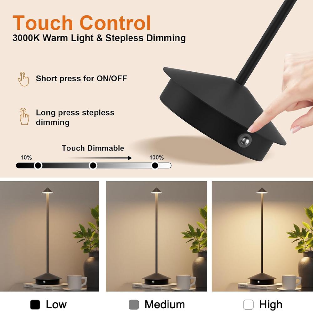 Cordless Table Lamps Portable Rechargeable Outdoor Lights 3 Color Stepless Dimming Battery Powered Bedside Lamp Touch Lamp