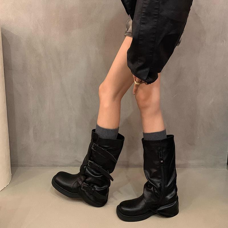 Vintage Women Western Knee High Boots Fashion Belt Buckle Shoes Autumn Winter Laides Concise Mid Calf Botas De Mujer