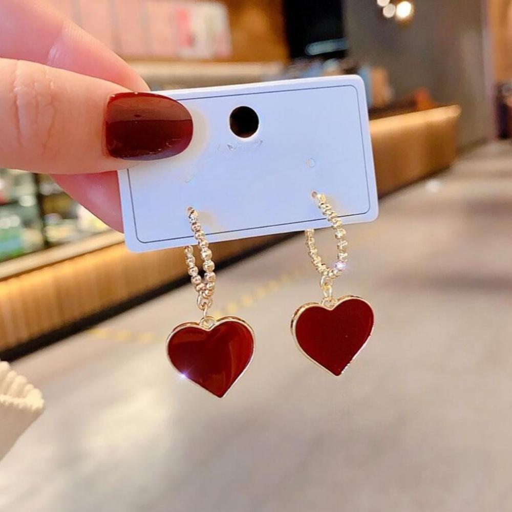 Sweet Vintage Red Heart Dangle Earrings Gold Color Beaded Hoop Drop Earrings for Women Daily Party Romantic Valentines Jewelry