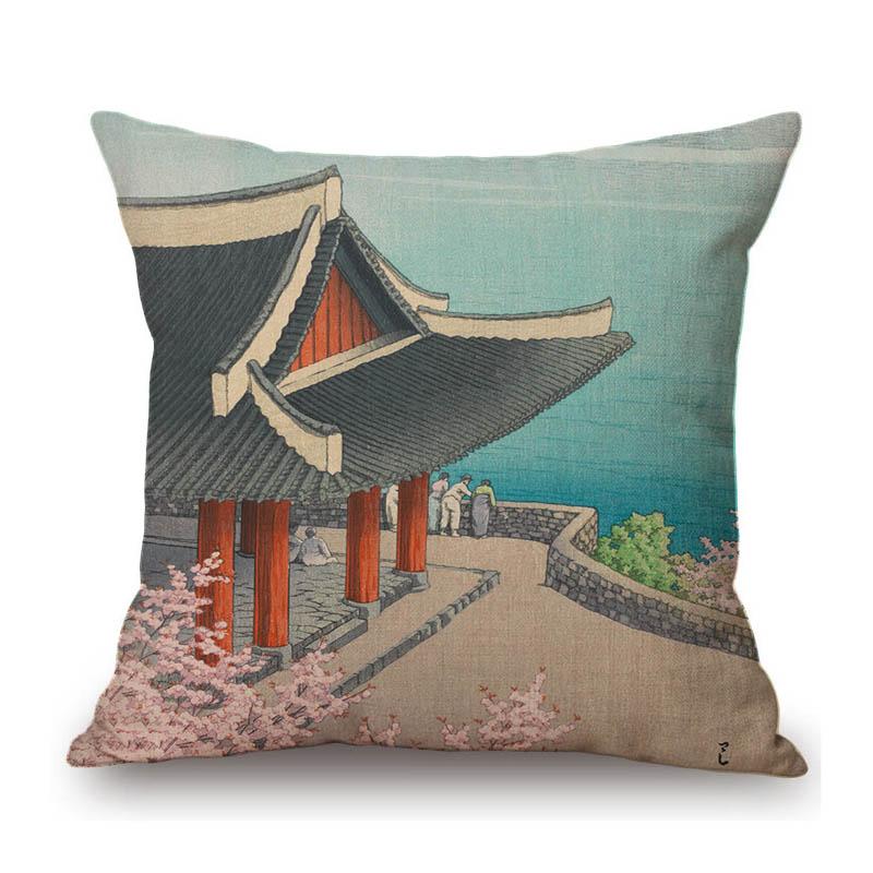 Kawase Hasui-Japanese Woodblock Pillow Case Ukiyo Mount Fuji Temple Beautiful Scenic Art Home Decorative Sofa Car Cushion Cover