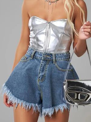2025 Summer High-Waist A-Line Raw Edge Denim Shorts for Women