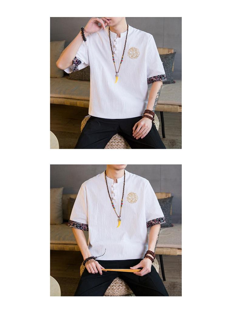 Men's Loose V-Neck Linen Tang Suit T-Shirt - Retro Chinese Style, Short-Sleeved, Cotton and Linen Blend, Fashionable for Larger Sizes