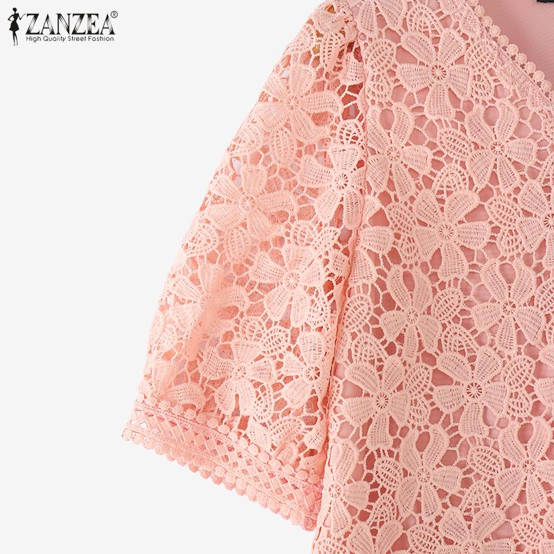 ZANZEA Women Summer V-Neck Short Sleeve Casual Lace Patchwork Blouse