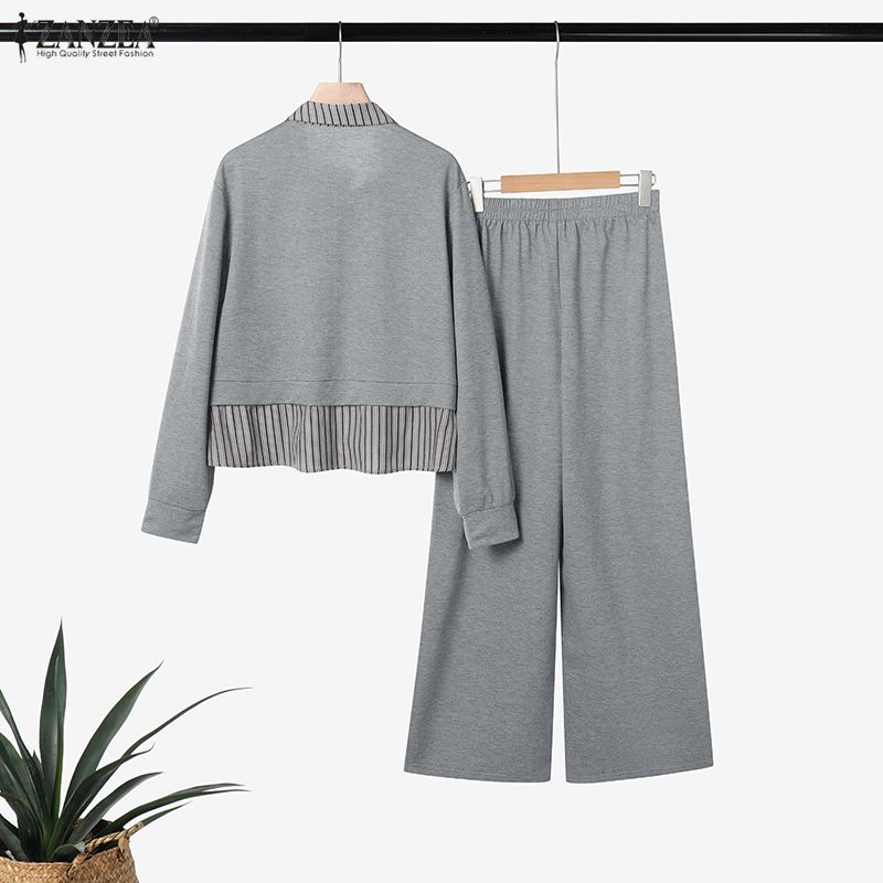 ZANZEA Women Long Sleeve Stripe Splice Blouse and Pants Casual Two Piece Suit Sets