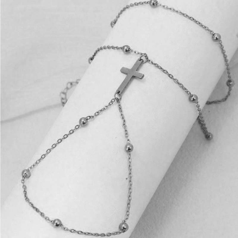 Fashion Metal Double Layer Cross Connected Finger Ring Bracelet for Women Simple Gold Color Bead Link Chain Hand Bangles Zircon