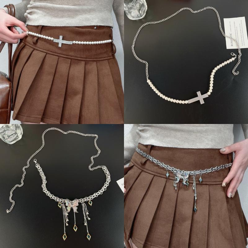 Butterfly Tassel Waist Chain Y2K Trendy Cross Imitates Pearls Waist Chain Jeans Skirts Accessories Vintage Belt
