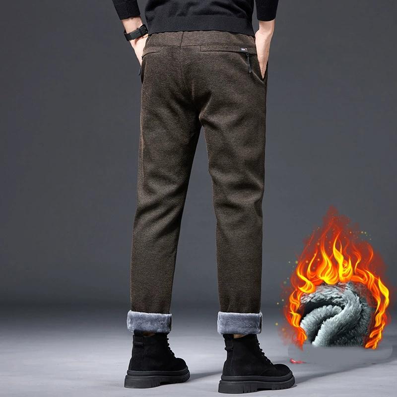Winter Fleece Thick Casual Pants Men's Business Slim Fit Versatile Classic Trousers Medium Elasticity Formal Wear Wash Pants