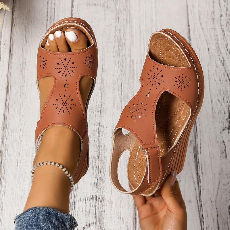 

Large size wedge heel sandals for women s summer new thick-soled fish mouth hollow Velcro sandals for women 36