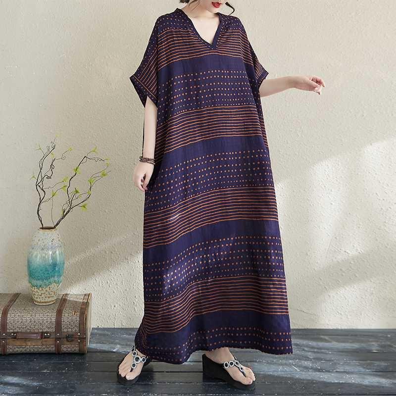 Real Summer New Cotton and Linen Printing V-neck Loose Large Size Simple Holiday Style Long Skirt Women's Beach Skirt Thin