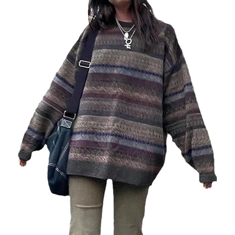 Women's Retro Striped Long Sleeve Casual Pullover Sweater