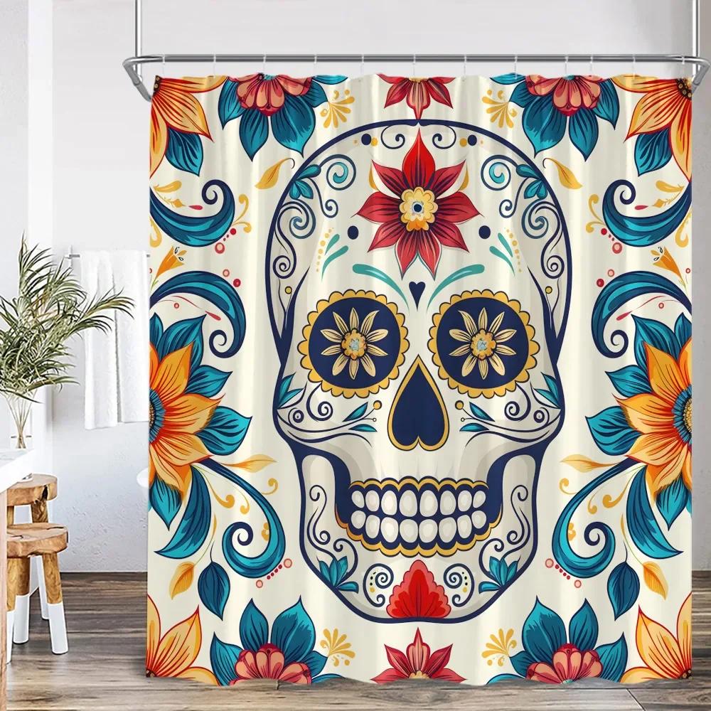 Bohemisk Dödskalle Blomma Duschdraperi Blomma Vintage Växt Blad Glad Halloween Badrumsdekoration Polyester Badkarsdraperi