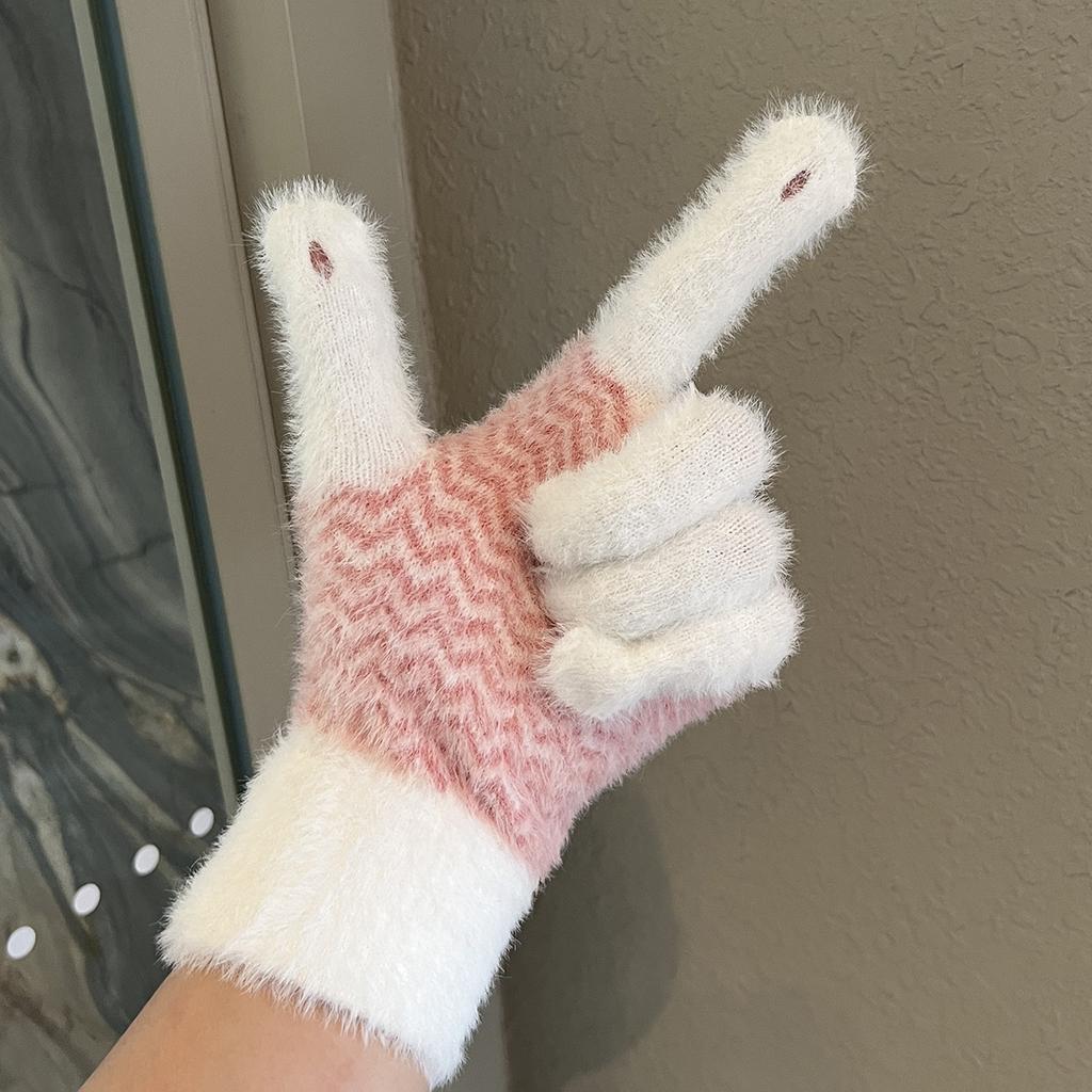 Einfache gestreifte Strickplüschhandschuhe im koreanischen Stil für Damen im Winter Kältefest und warm Vielseitig Outdoor-Radfahren Fingerlos, Touchscreen