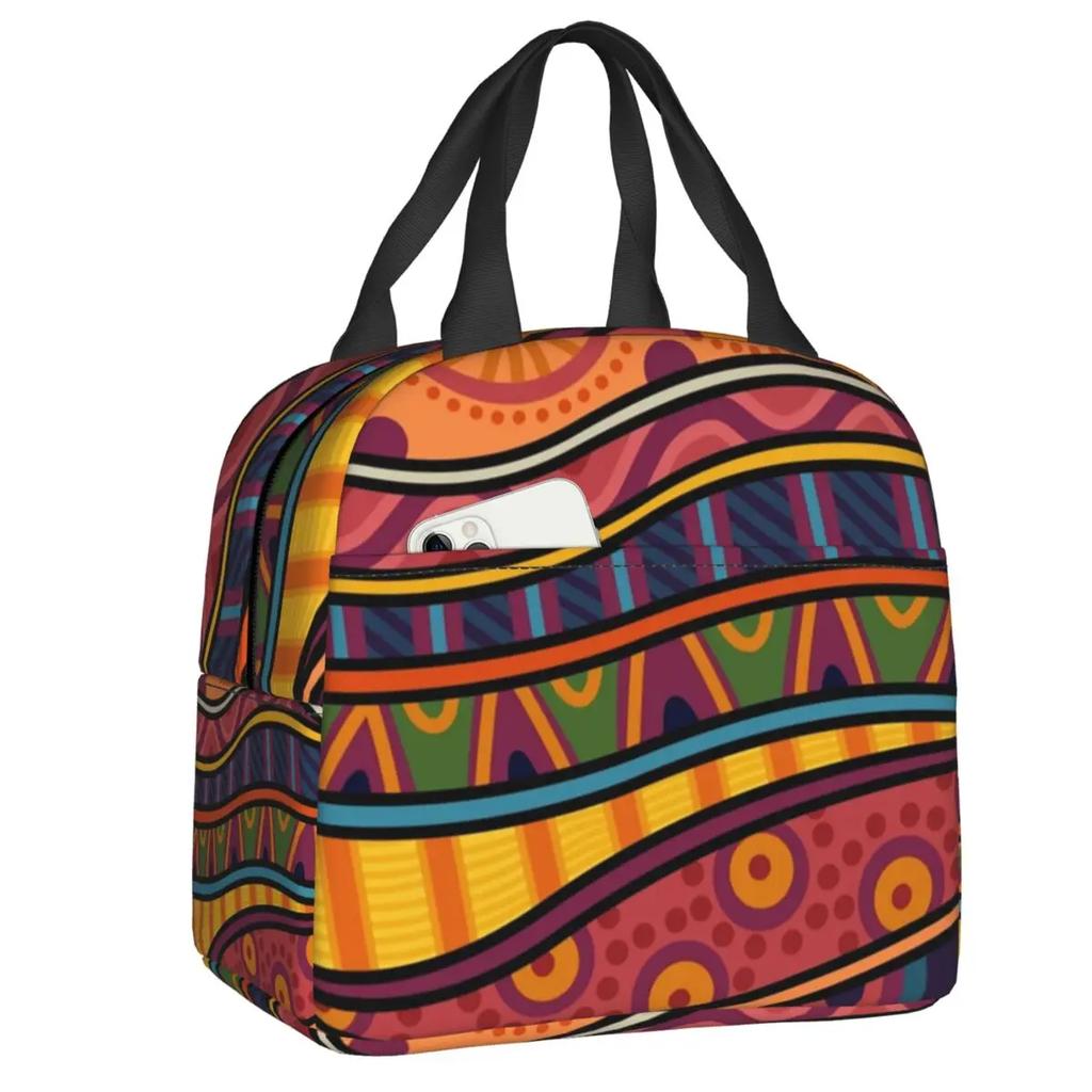 African Tribal Ankara Fabric Style Pink Thermal Insulated Lunch Bags Women Geometric Ethnic Art Portable Lunch Tote Food Box