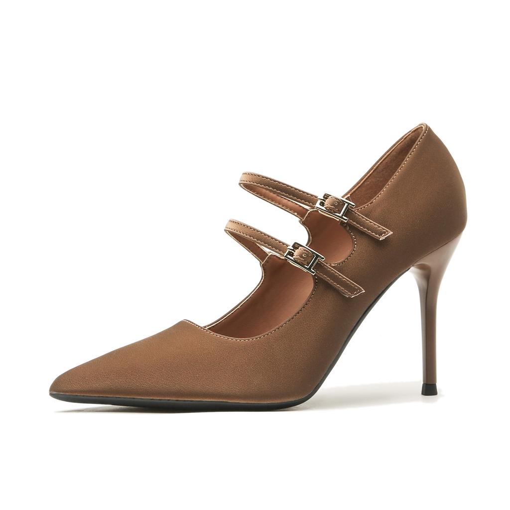 High Heels Women's Autumn and Summer Thin Heels Pointed Buckle High Heel Pumps New Retro Double Row One-word Belt Women's Shoes