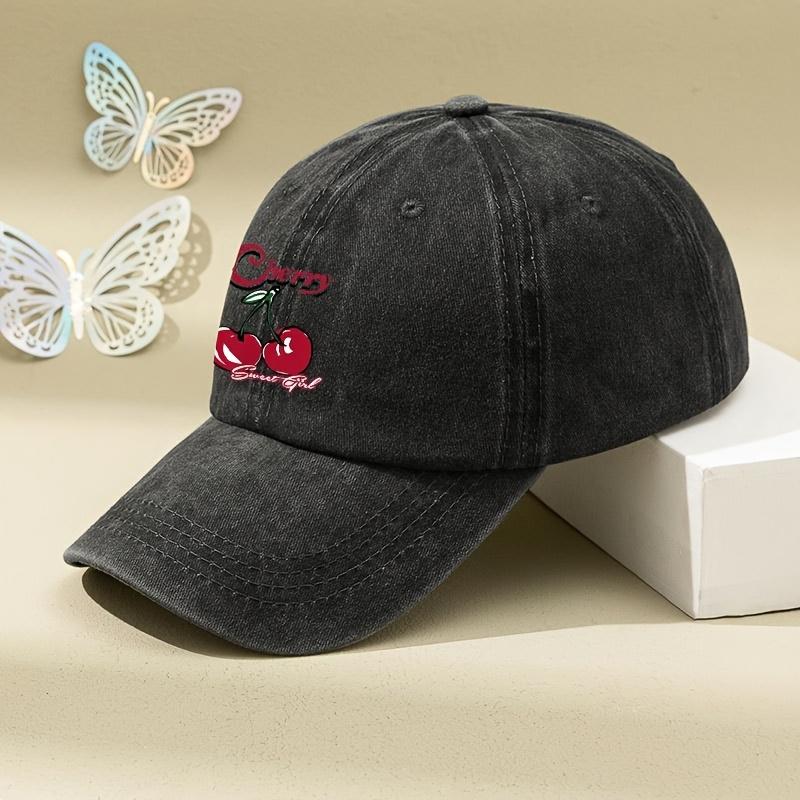 Cherry Sweet Girl Washed Baseball Cap Retro Distressed Print Adjustable Unisex Casual Sports Cap