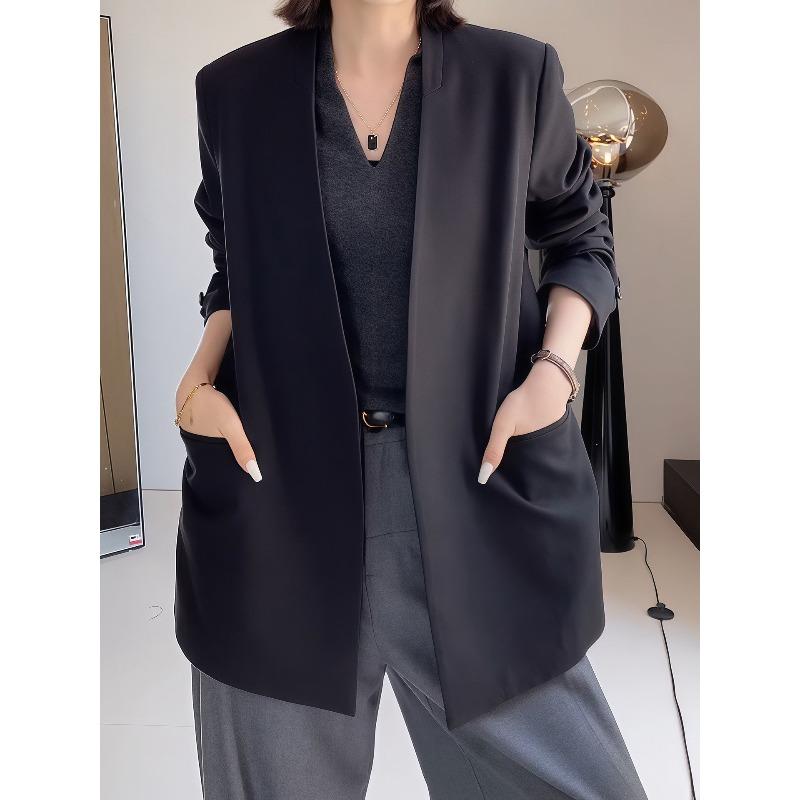 Women Loose Fit No Collar Blazer Spring Jacket Oversized Casual Suit Coat