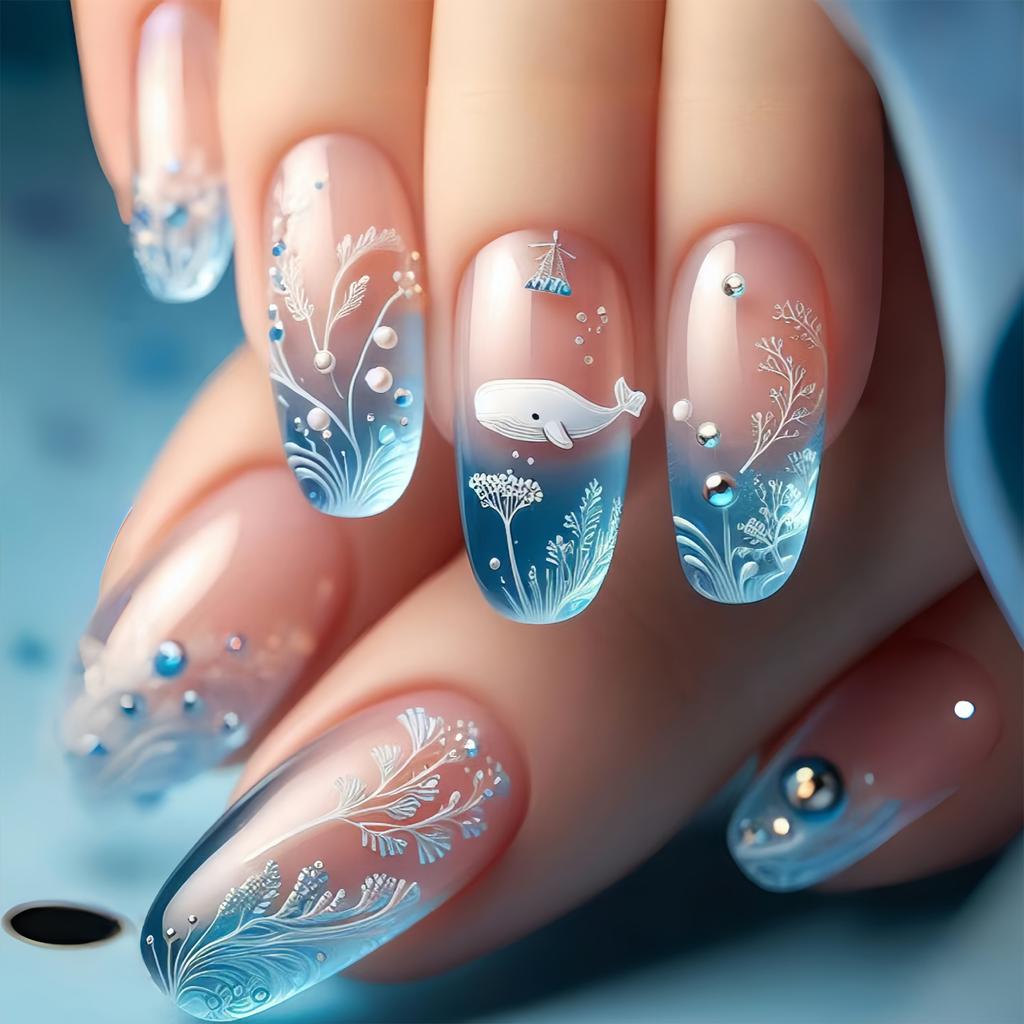 24PCS Ocean Theme False Nails with Blue Tip Easy Effortless Application To Nails for Women and Girl Nail Salon