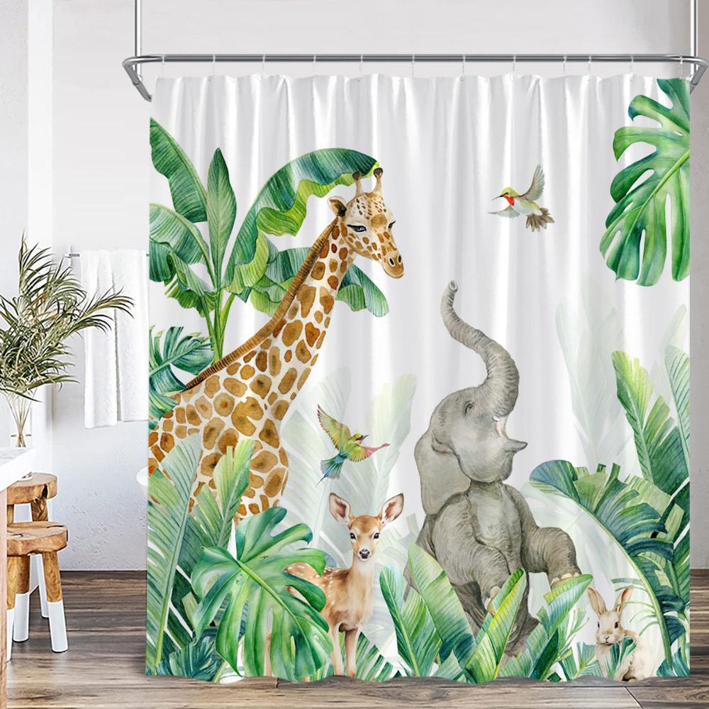 Tropical Leaf Shower Curtain Green Leaves Tropics Jungle Flower Floral Bathroom Decor Plants Polyester Bathtub Curtain with Hook