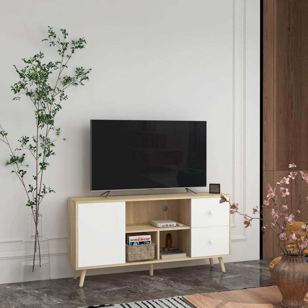TV Cabinet for TVs Up To 45 Inches Solid Wood Legs Scandinavian Style 3 Open Compartments 1 Cupboard 120 X 30 X 60 Cm
