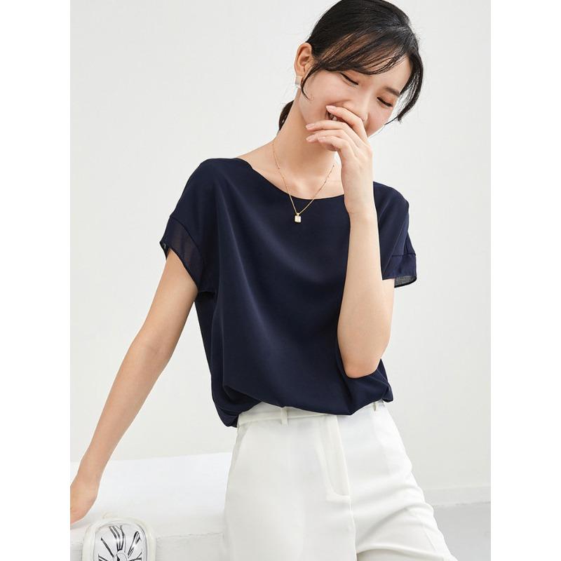 Women's Blouse Summer Short-sleeved T-shirt Round Neck Loose Simple Chiffon Shirt