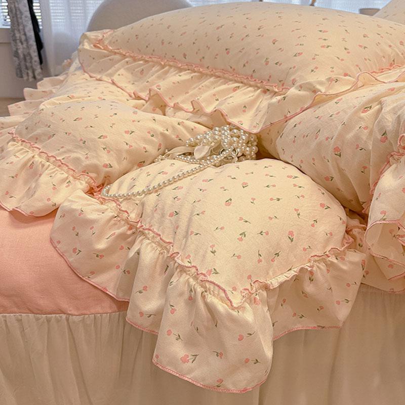 Sweet Flower Printed Bed Skirt Bedding Set Skin Friendly Cotton Nude Sleeping Comforter Set Class-A Twin Single Home Textile