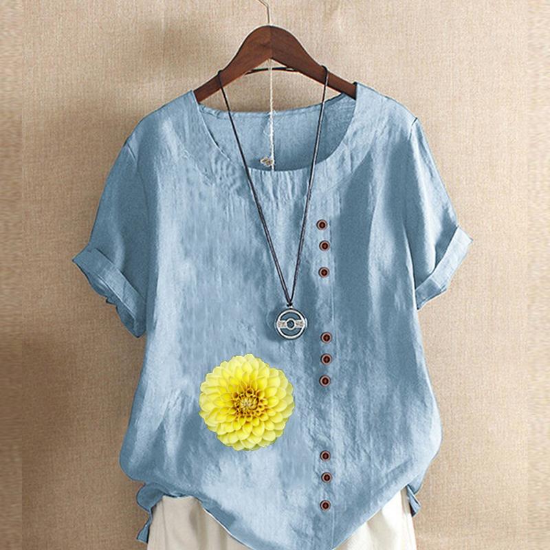 Women's Fashion Round Neck Short Sleeve T-shirt Casual Cotton Linen Graphic Shirt Leisure Loose Flower Prined Summer Blouse Tops