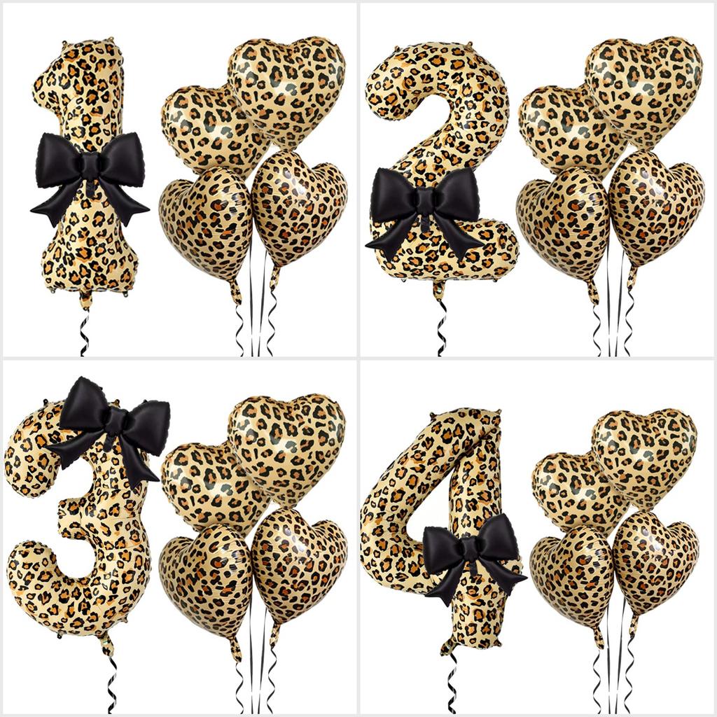 Leopard Print Number Foil Balloon 0-9 with Black Bow Leopard Print Heart-shaped Balloon for Birthday Anniversary Party Decor