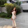 Mesh patchwork white spaghetti strap dress for women, summer lace dress, pure allure style, waist-cinching mermaid dress, hip-hugging long dress