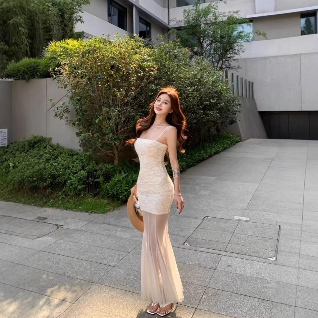 Mesh patchwork white spaghetti strap dress for women, summer lace dress, pure allure style, waist-cinching mermaid dress, hip-hugging long dress