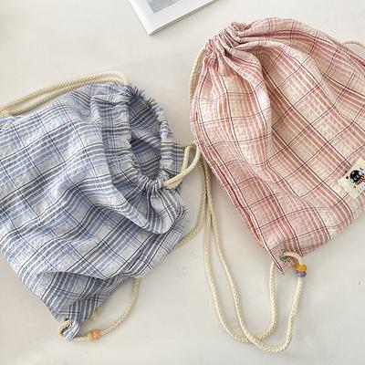 Checked Backpack Drawstring Canvas Women Shopping Bag Sports Gym Bag Training Sackpack Simple Commuter Bag