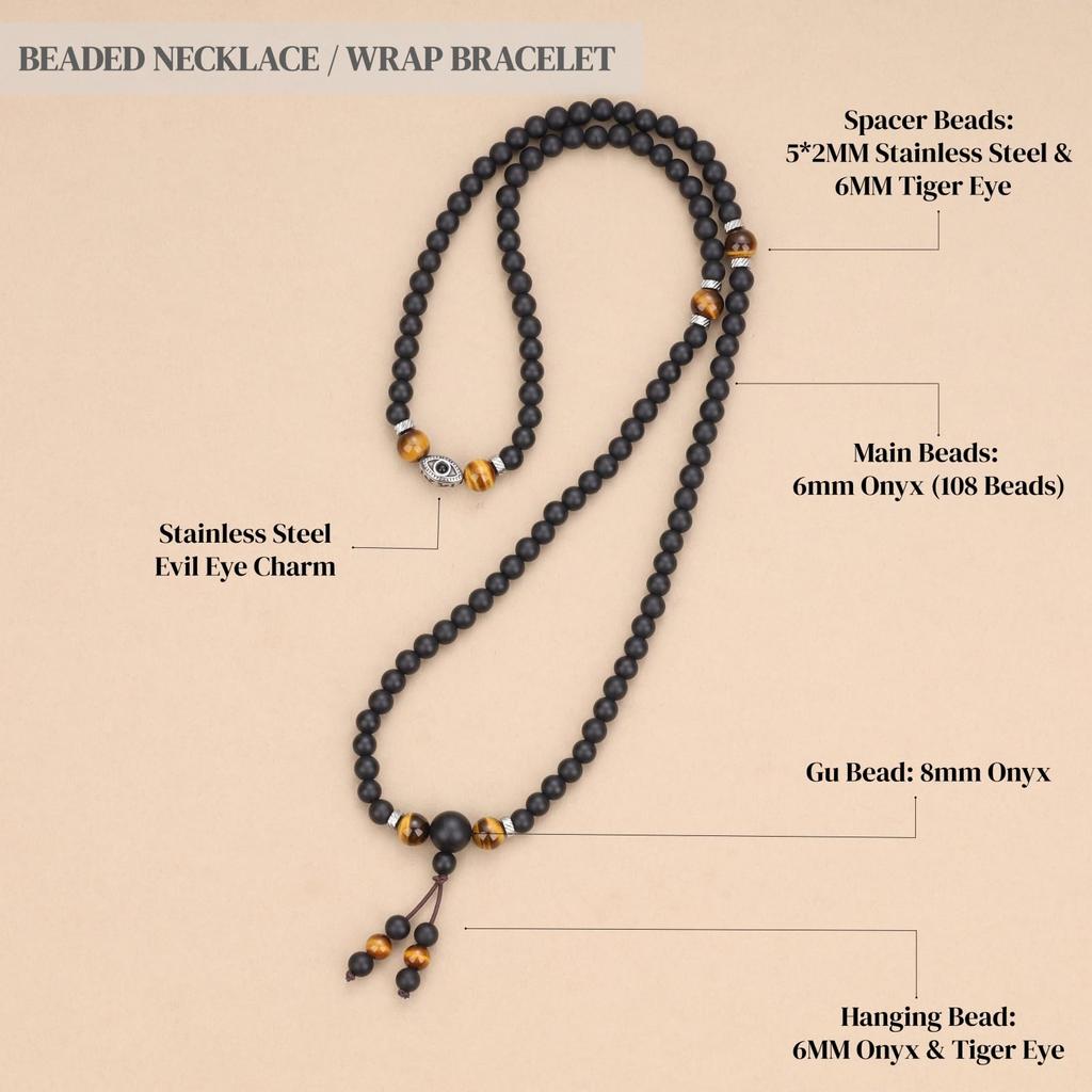 COAI Evil Eye Matte Onyx Tiger Eye Bracelet Necklace for Men and Women 108-Bead