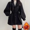 Autumn/Winter Korean-Style Woolen Coat for Women with Lantern Sleeves and Tie, Medium-Length with Suit Collar