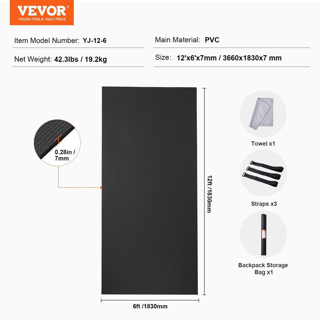 Exercise Mat Non Slip Yoga Mat Gym Fitness Pilate Workout Mat (12x6ft)