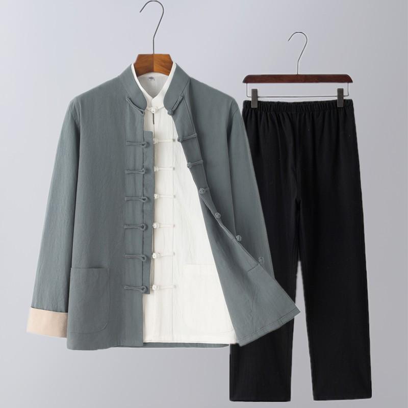 Herren Chinesischer Tang-Anzug: Frühlings-/Herbst-Baumwoll-Leinen-Set mit Froschknöpfen - Retro Mönch Teezeremonie Hanfu Robe.