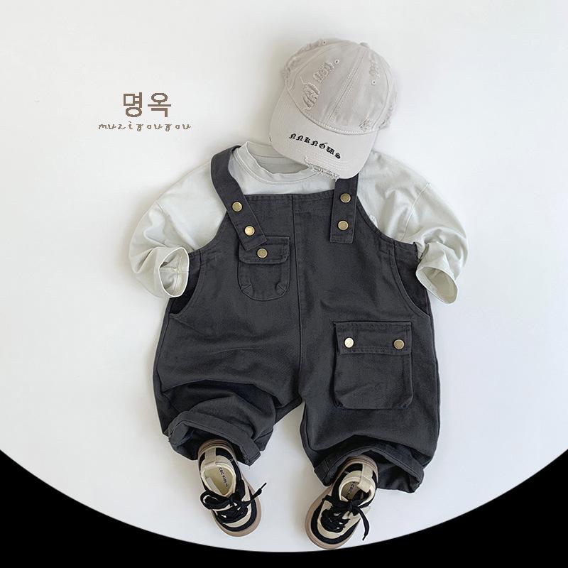 Korean Style Unisex Kids Solid Suspender Long Pants Casual Children Clothing