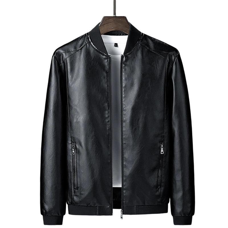 Men's Baseball Collar Leather Jacket Spring and Autumn Zipper Pocket Faux Leather Jacket Large Size Commuter Men's Clothing