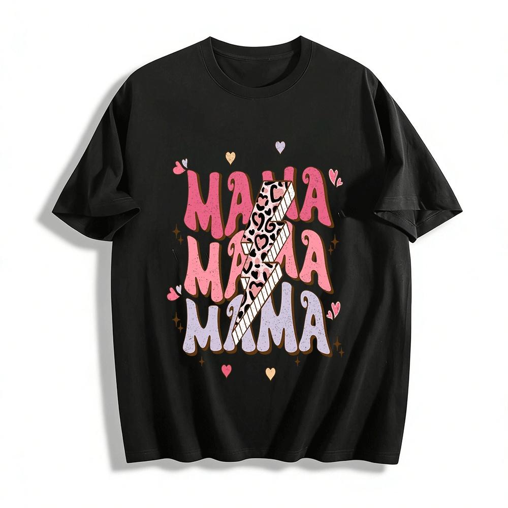 Retro Heart Leopard Print Lightning MAMA Casual Versatile Top Pure cotton T-shirt XXS