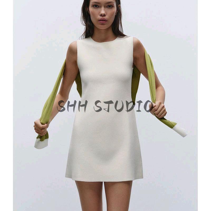Spring New Women's Clothing Classic Style Plain Stitch A- Line Hem Sleeveless Round Neck Short Dress 9598019