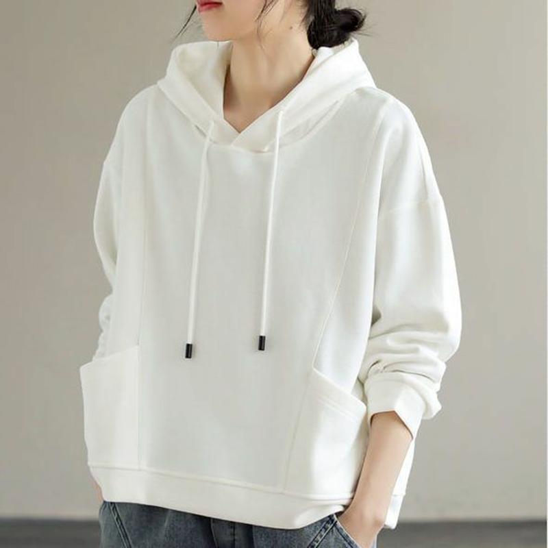 Solid Color Pullover Long Sleeve Long Sleeve Hooded Sweatshirt for Women with Pockets Solid Color Loose and Versatile Top