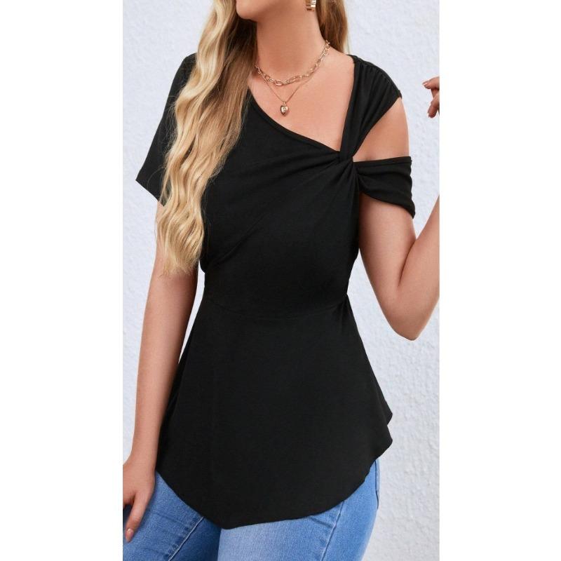 Plus Size Women Sexy Off Shoulder Oblique Collar Solid Color Short Sleeve Pullover Top