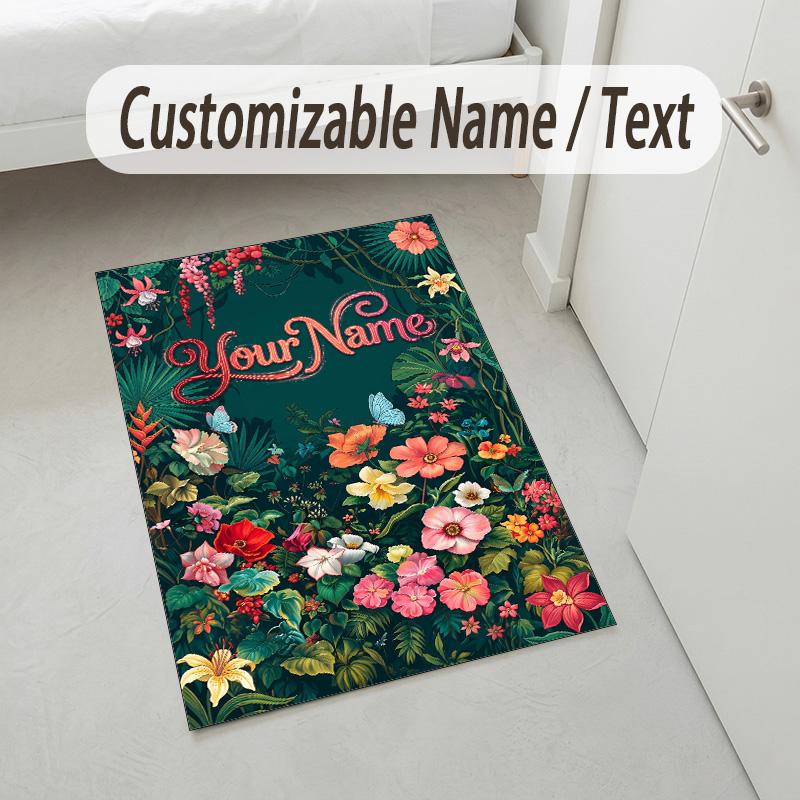 Floral Artwork Theme Soft Crystal Velvet Rug Custom Name & Text Print Non Slip Floor Rug for Bedroom Living Room
