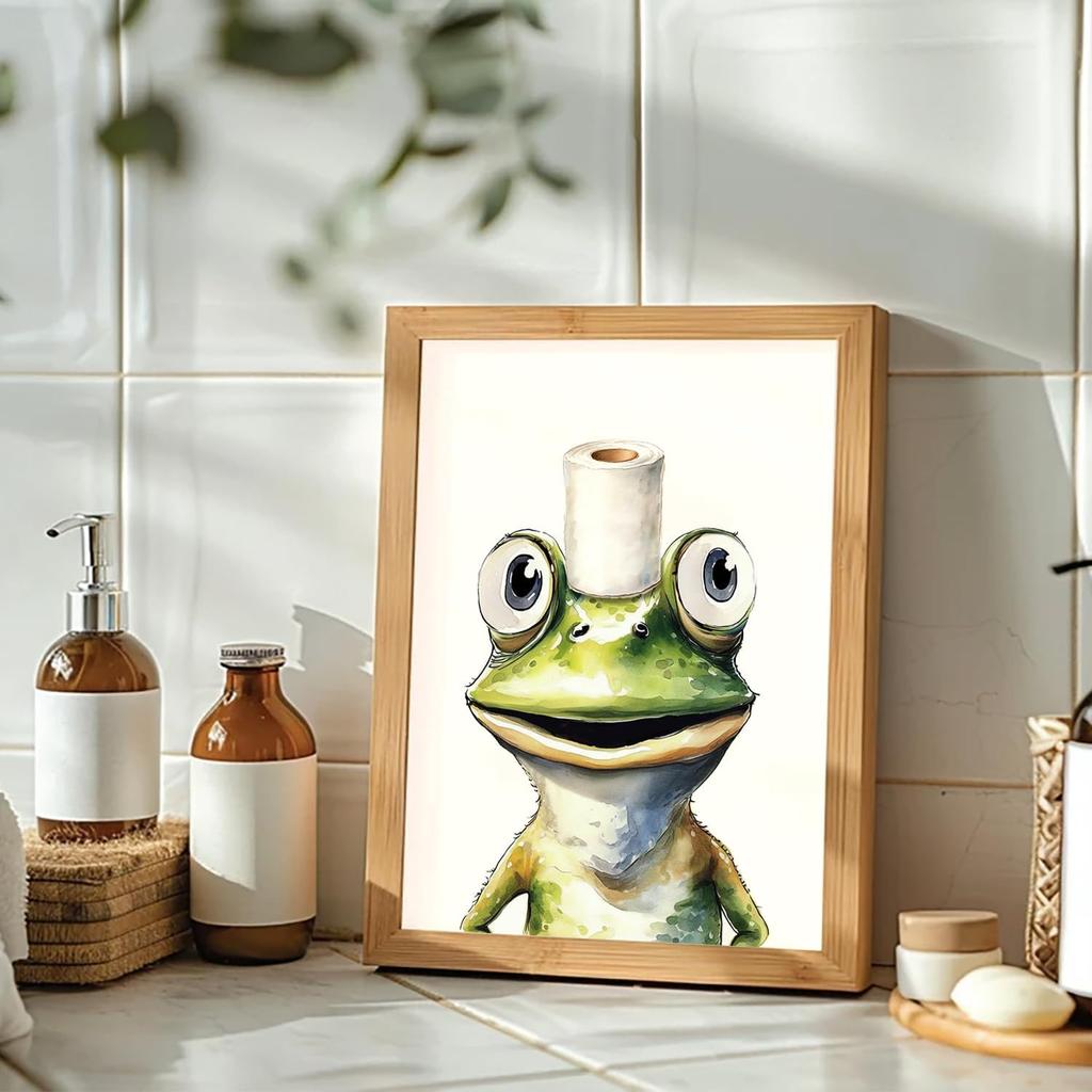 GMLXCX Funny Frog Bathroom Decor Wall Art, Cute Frog Sitting on Toilet Decor Art Poster, Funny Bathroom Sign Canvas Print Set of 3 (8''x10'',