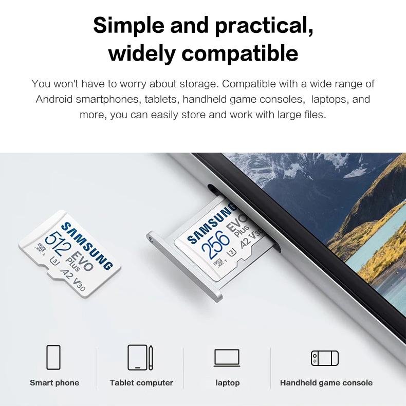 Samsung EVO Plus microSD 128GB Memory Card+Adapter 64G 256G microSDXC,Speeds Up To 160 MB/s,UHS-I,C10,U3,V10,A3,Upgrade Storage for Phones,DJI,Cameras