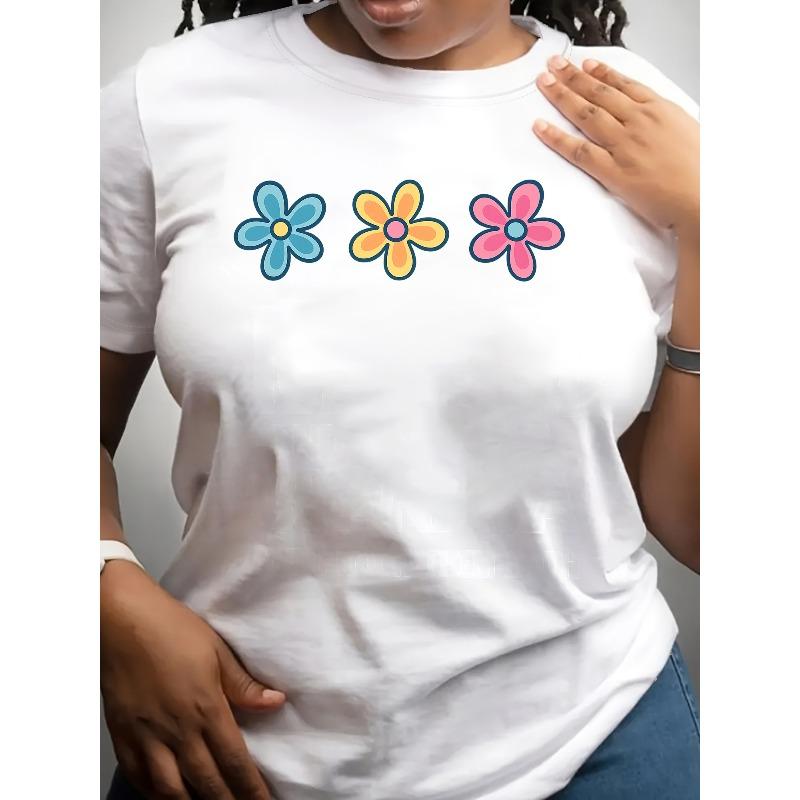 

Women s Cute Cartoon Flower Print T-Shirt Round Neck Short Sleeve Regular Fit Spring Summer Fall Daily Home Casual Top 4XL білий