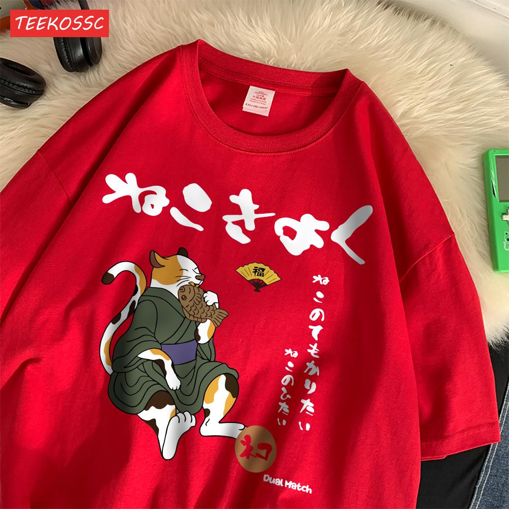 Casual Cotton WomenS TShirts Japanese Retro Fun Cats Printing Tees ONeck Loose Soft Short Sleeve Summer Street Female Clothes