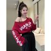 Autumn New Pure One-length Neck Long-sleeved Top for Women Small Letter Print Short Off-shoulder Sweatshirt for Women