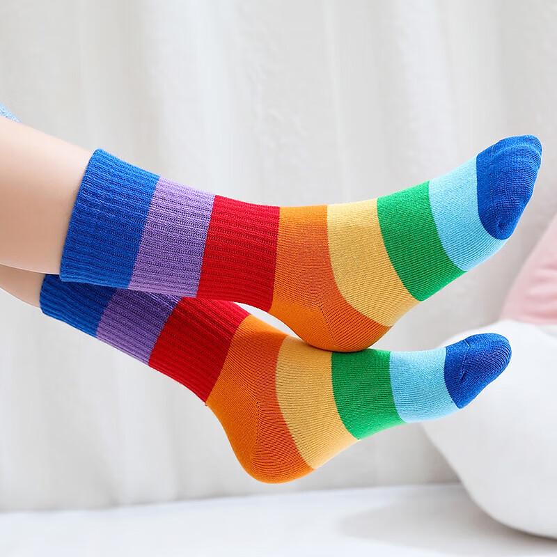 Mijiang Girls Rainbow Stripe Mid-Calf Cotton Socks 6-8 Years (Shoe Size 26-31)