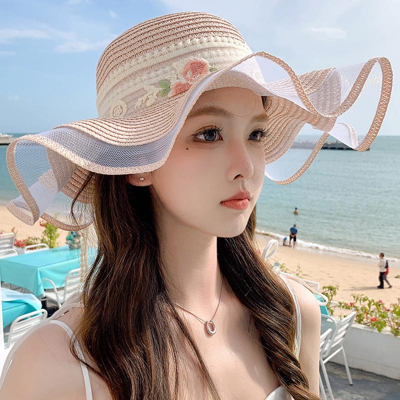 JYL TS DIY Sweet Straw Hat Wide Brim Beach Cap Woven Straw